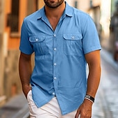 cheap Men&#039;s Button Up Shirts-Men&#039;s Shirt Summer Shirt Beach Wear Button Up Shirt Casual Shirt Black White Yellow Blue Dark Green Short Sleeve Solid Color Lapel Daily Vacation Pocket Clothing Apparel Fashion Casual Comfortable