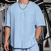 economico Casual da lavoro-Per uomo Camicia Camicia di lino Camicia casual Camicia di cotone Camicia cinese Semplice Vacanza Streetwear Nero Azzurro cielo Verde Albicocca Manica Corta Collo alla coreana Estate Abbigliamento