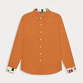 preiswerte Herren Elite Hemden-Herren Patchwork Hemd Leinenhemd Sommerhemd Langarm Basic Lässig Strand Straße Ferien Alltagskleidung Sommer Umschlagkragen Orange