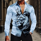 abordables Chemise en Satin pour Homme-Homme Lion Lit 2 Places &#039;King&#039; Chemise Chemise boutonnée manche longue Décontractées Formel Eté Printemps Automne Col rabattu Boutons Imprimer Blanche Jaune Bleu Gris