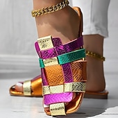 baratos Chinelos de slide-sandálias femininas coloridas de tiras metálicas – sapatilhas vibrantes com estampa de cobra para uso casual no verão e em festivais