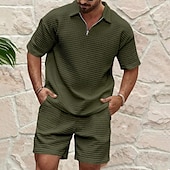 cheap Men&#039;s Basic Tees sets-Men&#039;s Waffle Henley Shirt T-shirt Suits Tracksuit Tennis Shirt Short Sleeves Polo Collar Summer Solid Color Drawing Gymnatics Casual Zipper 2 Piece Vacation Daily Wear Activewear Army Green Black