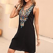 abordables Robes Bohémiennes-Femmes Mini Robe Robe Décontractée Mode Moderne Robe élégante Mancheron Mariage Quotidien Date Coupe régulière Fleuri Broderie Sans manches Col en V Noir Été