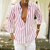 preiswerte Business Casual-Herren Hemd Leinenhemd Sommerhemd Freizeithemd Strandhemd Knopfhemd Gestreift Urlaub Ferien Schwarz Gelb Rosa Rot Langarm Umlegekragen Frühling &amp; Herbst Bekleidung Button-Down