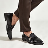 Χαμηλού Κόστους Ημιεπίσημο-ανδρικά μαύρα loafers από ψεύτικο δέρμα – slip-on dress παπούτσια με μεταλλική προφορά για επαγγελματικούς, γραφείο και επίσημες περιστάσεις