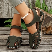 abordables Sandales Décontractées-Sandales compensées rétro pour femmes, couleur unie, bout fermé, chaussures découpées, sandales décontractées à bride arrière, noir, bleu, orange