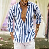 preiswerte Business Casual-Herren Hemd Leinenhemd Sommerhemd Freizeithemd Strandhemd Knopfhemd Gestreift Urlaub Ferien Schwarz Gelb Rosa Rot Langarm Umlegekragen Frühling &amp; Herbst Bekleidung Button-Down