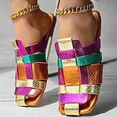 baratos Chinelos de slide-sandálias femininas coloridas de tiras metálicas – sapatilhas vibrantes com estampa de cobra para uso casual no verão e em festivais