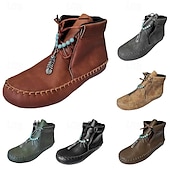 baratos Botas de tornozelo-Botas femininas de cano curto mocassim de couro sintético com detalhes de penas e contas, calçados casuais confortáveis para uso ao ar livre e no dia a dia