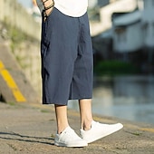baratos Retrô-Homens Calças de linho Calças Capri Calça verão Calças de praia Bolsos Com Cordão Cintura elástica Tecido Conforto Respirável Comprimento da panturrilha Férias Diário Feriado Havaiana Boho Preto