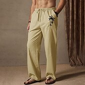 cheap Home-Men&#039;s Summer Pants Elastic Waist Tree Coconut Tree Comfort Full Length Outdoor Streetwear Vacation Hawaiian White Blue Micro-elastic
