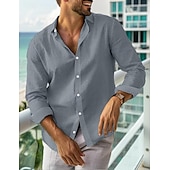 preiswerte Urlaub-Herren leinenhemd Sommerhemd Strandbekleidung Lässiges Hemd Knopfhemd Glatt Urlaub Curise Schwarz Weiß Rosa Marineblau Langarm Kargen Frühling Sommer Bekleidung