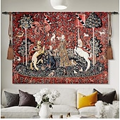 cheap Jacquard Woven Tapestries-Jacquard Woven Medieval Tapestry Gobelin Aubusson The Lady and The Unicorn Loom Cotton Weave Wall Art Hanging Larger Tapestry Historic Middle Ages Tapestry Reproduction (without tassels and rod)
