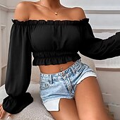 preiswerte Damen Einfache Oberteile-Hemd Bluse Damen Schwarz Glatt Bauchfreies Top Strasse Täglich Modisch Schulterfrei Regular Fit S