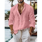 cheap Vacation-Men&#039;s Shirt Linen Shirt Summer Shirt Beach Wear Button Up Shirt Plain Casual Daily Black White Pink Blue Long Sleeve Collar Spring &amp; Summer Clothing Apparel