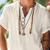 abordables Vacaciones-Hombre Camisa camisa de lino Camisa de verano Camisa de playa Color sólido Vacaciones Maldición Negro Beige Manga Corta Cuello alto Verano Primavera Ropa Botones