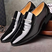 billiga Slip-ons och loafers till herrar-svarta loafers i lack för män med metalldekoration för högtids- och vardagskläder