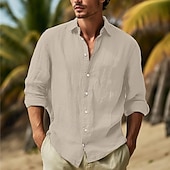 cheap Vacation-Men&#039;s Shirt Cotton Linen Shirt Summer Shirt Beach Wear Button Up Shirt Plain Vacation Curise Black White Pink Navy Blue Long Sleeve Lapel Spring &amp; Summer Clothing Apparel