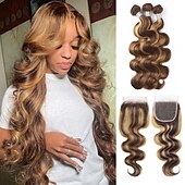 baratos 3 conjuntos com fecho-P4/27 destaque onda corporal cabelo humano 3 pacotes com fecho de renda cabelo humano remy