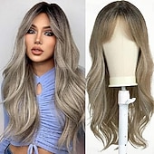 baratos Perucas de festa-Peruca Longa Cacheada Loira para Mulheres Cabelo Sintético com Franjas Peruca Ondulada com Raízes Escuras Cosplay Diário Alta Densidade Resistente ao Calor Perucas de Halloween