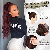 billige Hestehaler-rød hestehale extension - 26 tommer hestehale hair extensions med snøring for kvinner - lang krøllete bølgete syntetiske klips i falske hestehale frisyrer jenter daglig fest - kobberrød