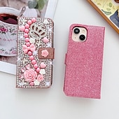 cheap iPhone Cases-Phone Case For Samsung Galaxy iPhone 16 iPhone 15 Pro Max Plus iPhone 14 13 12 11 Pro Max Plus Mini SE Wallet Case for Women Girl with Stand Holder Magnetic Bling Glitter Shiny Flower Floral TPU