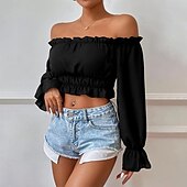 preiswerte Damen Einfache Oberteile-Hemd Bluse Damen Schwarz Glatt Bauchfreies Top Strasse Täglich Modisch Schulterfrei Regular Fit S