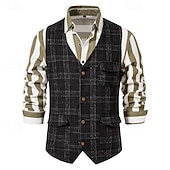 cheap Men&#039;s Vest-Men&#039;s Vest Gilet Wedding Event / Party Daily Fashion Business Spring &amp; Summer Button Pocket Polyester Comfortable Plaid Double Breasted Lapel Regular Fit Light Grey Dark Gray Coffee Vest