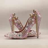 cheap Semi-Formal-Elegant White Rhinestone and Pearl Bridal Heels for Women – Wedding Shoes with Crystal-Embellished Stiletto and Bow Detail