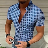 cheap Geometric Pattern-Men&#039;s Geometric Pattern Lattice Shirt Short Sleeve Designer Beach Casual Summer Turndown Print Black White Red Blue Green