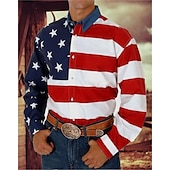preiswerte Flaggenmuster-Herren Amerikanische Flagge Westernhemd Knopfhemd Cowboy-Shirt Langarm westlicher Stil Täglich Umlegekragen Hemden mit Kragen 3D-Druck Vordertasche Schwarz Weiß Rote Blau