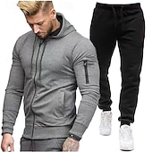 baratos moletons básicos-Homens Moletom Full Zip Hoodie Suéter Preto Cinza Claro Cinzento Com Capuz Tecido 2 Peças Diário Desportos e Ar livre Feriado Poliéster Roupa de rua Básico Casual Primavera &amp; Outono Roupa Moletons