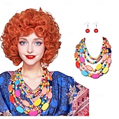 abordables Pelucas históricas-Peluca rizada naranja roja de cosplay con collar y pendientes para mujeres disfraz de carnaval pelucas de Halloween