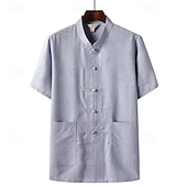 cheap Men&#039;s Tee Sets-Men&#039;s T-shirt Suits Shirt and Pant Sets 2 Pieces Outfits Short Sleeve Standing Collar Summer Chinese character Fashion Chinese Style Casual 2 Piece Vacation Daily Wear Going out White Beige Gray Top