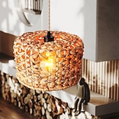cheap Island Lights-Hanging Swag Ceiling Lamp Twine Natural Rattan Lampshade Portable Pendant Light Dimmable Modern Farmhouse khaki Cord Chandelier Instant on Swag Lamp