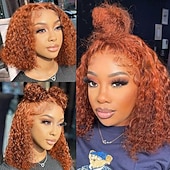voordelige Pruiken van echt haar, met kanten voorzijde-Onverwerkt maagd haar 4x13 Sluiting Pruik Korte bob Braziliaans haar Diep krullend Afro Kinky Curly Oranje Bordeaux Meerkleurig Pruik 130% 150% 180% Haardichtheid met babyhaar Haar met highlights