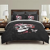 baratos Quarto de Halloween-Conjunto de capa de edredom com caveira floral de Halloween – inclui capa de edredom e fronhas – design assustador e festivo – tecido macio e confortável – perfeito para decoração de casa de Halloween