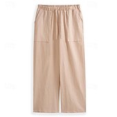 cheap Classic-Men&#039;s Linen Pants Trousers Summer Pants Beach Pants Pocket Drawstring Elastic Waistband Plain Comfort Breathable Full Length Daily Streetwear Fashion Casual / Sporty Loose Fit Dark Khaki Black