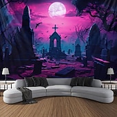 baratos tapeçarias de parede de halloween-Tecido de Halloween Caveiras Tecido de Luz Negra Reativo UV Brilho no Escuro Cemitério Nebuloso Pendurado Arte de Parede Mural para Sala de Estar Quarto