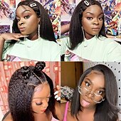 cheap Human Hair Capless Wigs-Human Hair Wig Short Medium Length kinky Straight Yaki Straight Side Part With Bangs Black Natural Color Natural Black Women Adjustable Thick Machine Made Capless Brazilian Hair All Natural Black #1B
