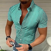 cheap Geometric Pattern-Men&#039;s Geometric Pattern Lattice Shirt Short Sleeve Designer Beach Casual Summer Turndown Print Black White Red Blue Green