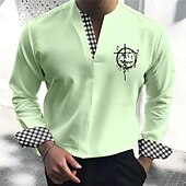 Men's Shirt Summer Shirt Casual Shirt Green khaki Long Sleeve Plaid Color Block V Neck Holiday Vacation Patchwork Clothing Apparel Fashion Chinese Style Casual Comfortable4