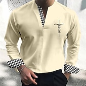 cheap Men&#039;s Casual Shirts-Men&#039;s Shirt Summer Shirt Casual Shirt Sky Blue khaki Gray Light Blue Long Sleeve Plaid Color Block Faith V Neck Holiday Vacation Patchwork Clothing Apparel Fashion Chinese Style Casual Comfortable