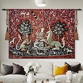 cheap Jacquard Woven Tapestries-Jacquard Woven Medieval Tapestry Gobelin Aubusson The Lady and The Unicorn Loom Cotton Weave Wall Art Hanging Larger Tapestry Historic Middle Ages Tapestry Reproduction (without tassels and rod)