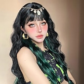 voordelige Synthetische trendy pruiken-Synthetische pruiken Uniformen carrière Kostuums Prinses Gekruld Golvend Middelste stuk Gelaagd kapsel Machinegemaakt Pruik 71.1 cm Zwart / groen Synthetisch haar Dames Cosplay Feest Modieus Zwart