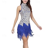 billiga Sjalar-kvinnor paljett tofs flapper klänning ärmlös stativ krage glittrande fransar latinska klänningar salsa cha-cha jazz dans kostymer