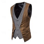cheap Men&#039;s Vest-Men&#039;s Vest Gilet Wedding Event / Party Daily Fashion Business Spring &amp;  Fall Patchwork Button 2 in 1 Polyester Comfortable Color Block Single Breasted One-button V Neck Regular Fit Black Navy Blue