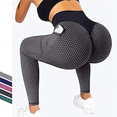 cheap Yoga Leggings &amp; Tights-Women's Yoga Pants Yoga Leggings Pocket Elastic Waistband High Waist Pilates Gym Workout Workout Tights Honeycomb Black Green Rose Red Sports Activewear Stretchy Slim