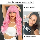 cheap Party Wigs-Long Wavy Pink Wig 24in Natural Heat Resistant Fiber Synthetic Curly Light Pink Wigs with BangsHalloween Cosplay Party Wigs