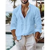 cheap Vacation-Men&#039;s Shirt Linen Shirt Summer Shirt Beach Wear Button Up Shirt Plain Casual Daily Black White Pink Blue Long Sleeve Collar Spring &amp; Summer Clothing Apparel
